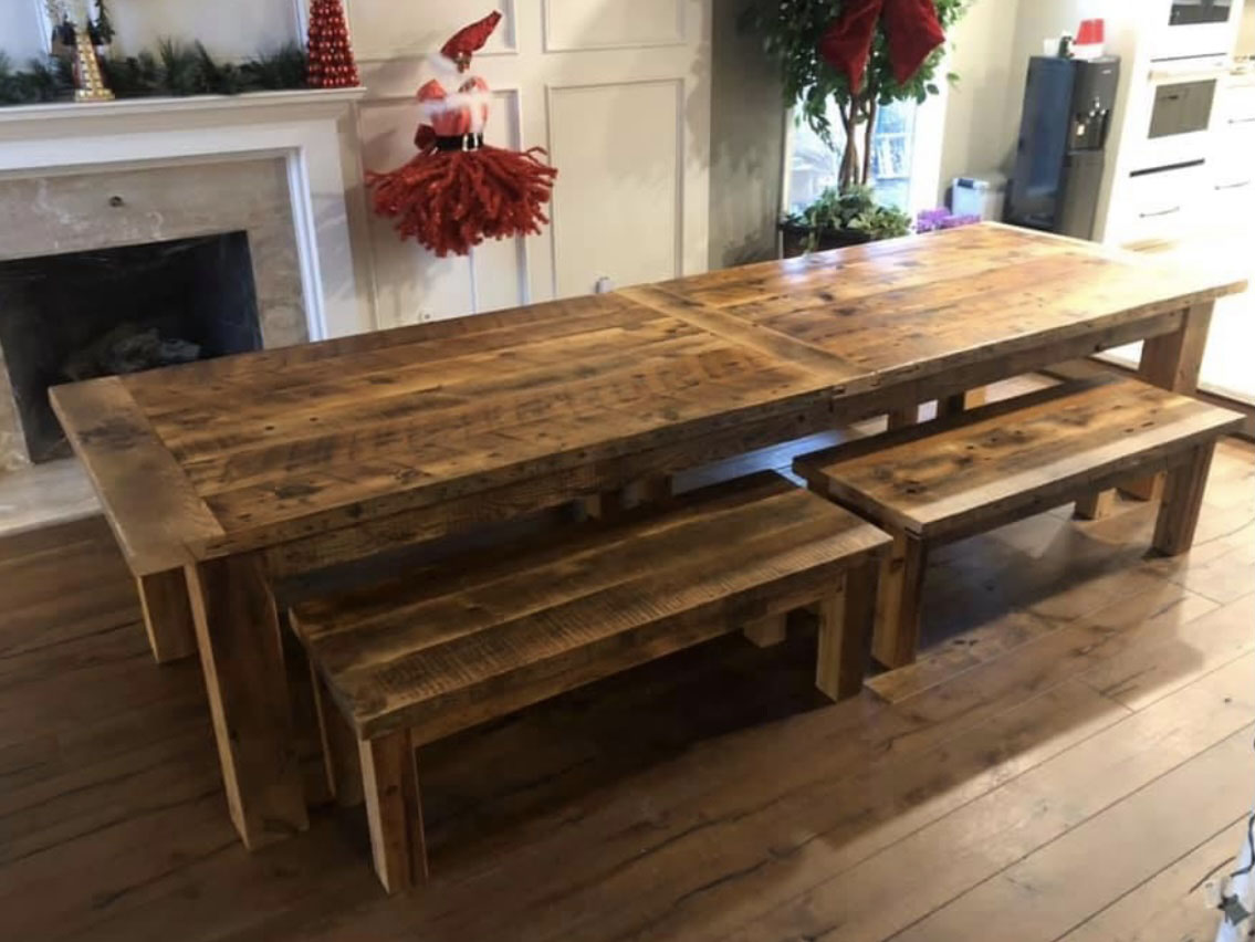 rustic dining table and benches
